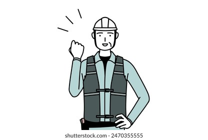 Senior male engineer in helmet and work wear posing with guts, Vector Illustration