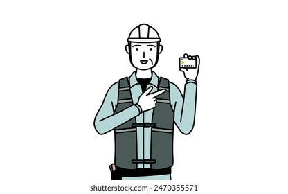 Senior male engineer in helmet and work wear recommending credit card payment, Vector Illustration