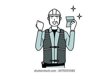 Senior male engineer in helmet and work wear who is pleased to see a bankbook, Vector Illustration