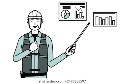 Senior male engineer in helmet and work wear analyzing a performance graph, Vector Illustration