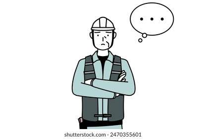 Senior male engineer in helmet and work wear with crossed arms, deep in thought, Vector Illustration