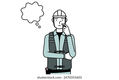 Senior male engineer in helmet and work wear thinking while scratching his face, Vector Illustration