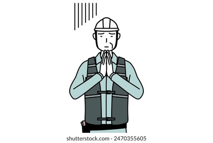 Senior male engineer in helmet and work wear apologizing with his hands in front of his body, Vector Illustration