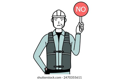 Senior male engineer in helmet and work wear holding a placard with an X indicating incorrect answer, Vector Illustration