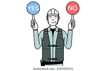 Senior male engineer in helmet and work wear holding a placard indicating correct and incorrect answers, Vector Illustration