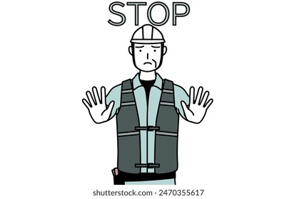 Senior male engineer in helmet and work wear with his hands out in front of his body, signaling a stop, Vector Illustration