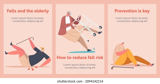 Senior Male and Female Character Falling Cartoon Banners, Old People Stumble, Fall Down on the Ground due to Slippery Road, Wet Floor, Clumsiness or Health Problem. Vector Illustration, Posters Set