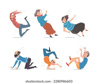 Senior Male and Female Character Falling Down on the Ground due to Slippery Road, Clumsiness or Health Problem Vector Set