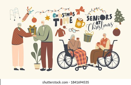 Senior Male and Female Characters Celebrate Christmas Greeting and Congratulating Each Other. Aged Men and Women Holiday Celebration, Winter Season, Xmas Time. Linear People Vector Illustration