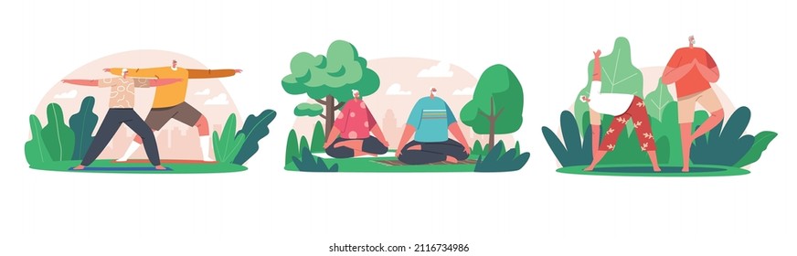 Senior Male and Female Characters Practicing Yoga and Meditation in Green City Park. Elderly People Active Healthy Lifestyle, Sports Activities, Retirement Concept. Cartoon Vector Illustration