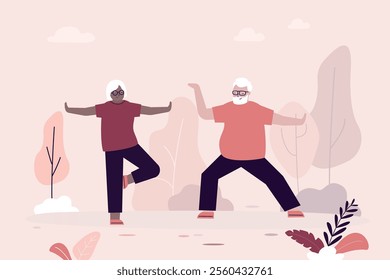 Senior male and female characters practicing yoga, meditation in city park. Multi ethnic elderly people active healthy lifestyle. Sports activities, retirement concept. flat vector illustration