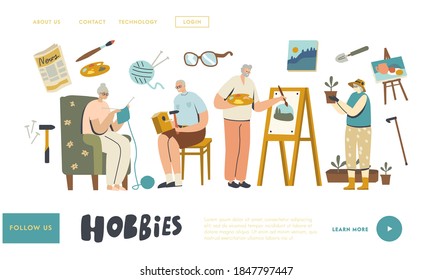 Senior Male Female Characters Spend Time at Home Engaging Hobby Landing Page Template. Making Birdhouse, Painting, Knitting and Gardening. Elderly Men and Women Fun. Linear People Vector Illustration