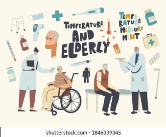 Senior Male and Female Characters Visiting Hospital with Flu or Coronavirus Symptoms, Doctors Measuring Temperature to Old Patients. Elderly People Healthcare Procedure. Linear Vector Illustration