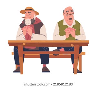 Senior Male Friends Playing Cards Game Sitting on Bench at Table Vector Illustration