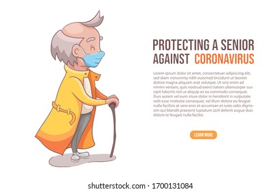 Senior male or grandfather in medical protective mask from coronavirus. Novel virus 2019-nCoV. Protect health from diseases, air pollutions. Group of risk coronavirus. Vector cartoon illustration