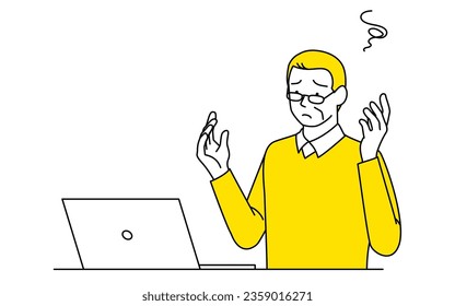 Senior male having trouble operating a computer, Vector Illustration