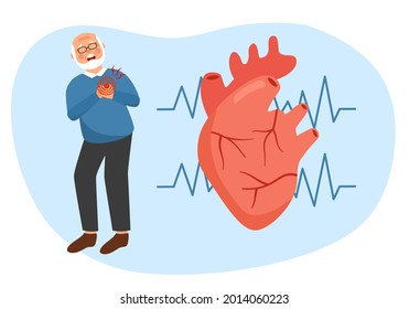 Senior male with heart attack, heart disease symptom concept. Human circulatory system. Cardiology problem.