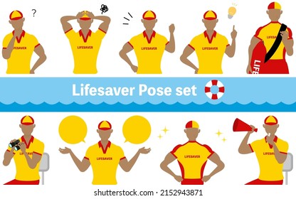 Senior Male lifesaver pose set, questioning, worrying, encouraging, pointing, etc.