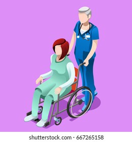 Senior male nurse pushing female person patient in wheelchair. Hospital interior room infographic isolated flat 3d isometric vector illustration.