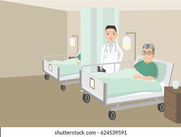 Senior male patient resting in hospital. Old man lying in a hospital bed. Vector Illustration.