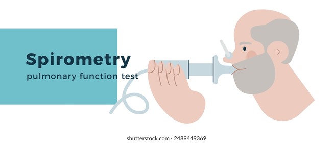 Senior Male Performs Pulmonary Function Test. Modern Flat Vector Illustration. Lung Function Test on Patient. Website Banner, Landing Page Design Template.