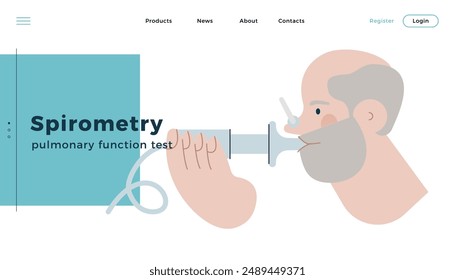 Senior Male Performs Pulmonary Function Test. Modern Flat Vector Illustration. Lung Function Test on Patient. Website Banner, Landing Page Design Template.