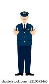 Senior male police officer posing, Putting both hands out in front of you to stop