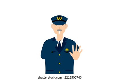 Senior male police officer posing, Blowing a whistle to stop