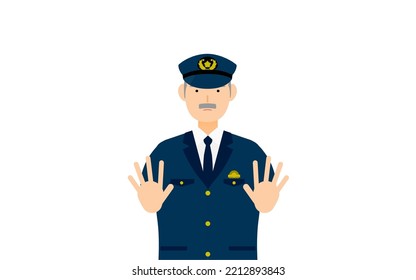Senior male police officer posing, Putting both hands out in front of you to stop