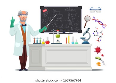 Científico masculino de alto rango con capa blanca y gafas de protección de pie en la pizarra y señalando con el puntero a la fórmula escrita. ... Profesor de escuela, profesor universitario. Tabla con equipo de laboratorio