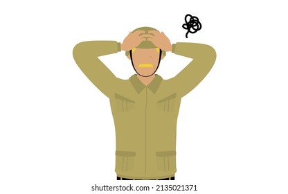 Senior Male Soldier Pose, Worry with your head