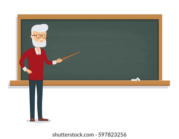 Senior male teacher teaches a lesson on the chalkboard.