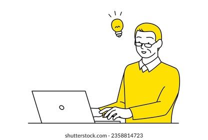 Senior male typing on laptop computer, Vector Illustration