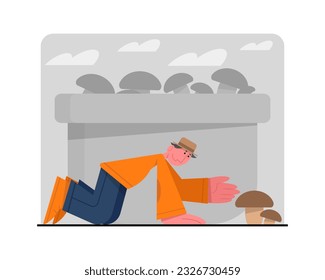 Senior male walking outside and looking for mushroom. Concept of housekeeping and retirement. Work in garden. Happy old age. Flat vector illustration in cartoon style