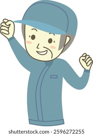 Senior male worker doing fist pump, sideways