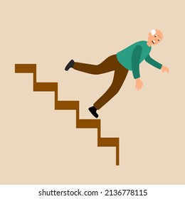 Senior man accident falling down stairs in flat design. Staircase accidents.