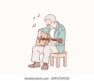 hombre mayor con guitarra acústica instrumental. Hombre tocando guitarra. Ilustraciones de diseño de Vector dibujado a mano.