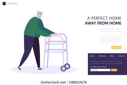 Senior Man, Aged Grandfather Moving with Help of Front-wheeled Walker. Walking Frame Metal Tool for Elderly People Going Ability Website Landing Page, Web Page Cartoon Flat Vector Illustration, Banner