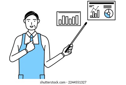 A senior man in an apron analyzing a performance graph.