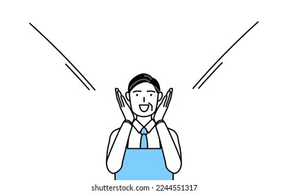 A senior man in an apron calling out and his hand over his mouth 
