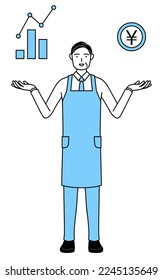 A senior man in an apron guiding an image of DXing, performance and sales improvement.
