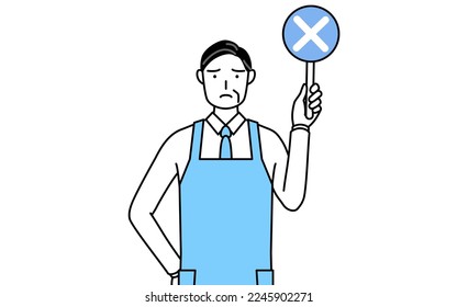 A senior man in an apron holding a bar of buts indicating incorrect answers.