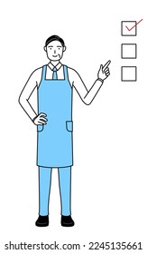 Ein Senior in einem Vorfeld, der auf eine Checkliste verweist.