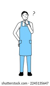 A senior man in an apron with questions.