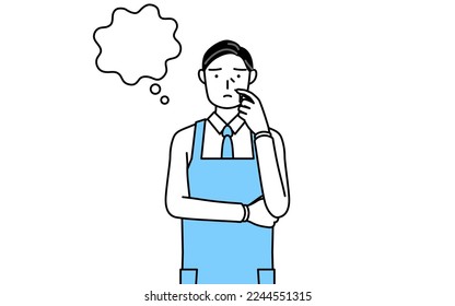 A senior man in an apron thinking while scratching his face.