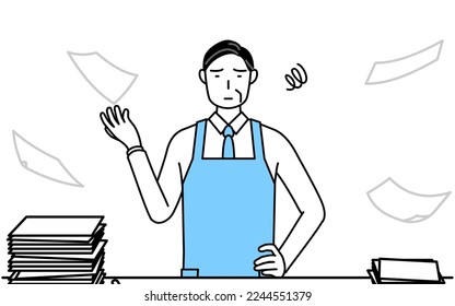 A senior man in an apron who is fed up with his unorganized business.