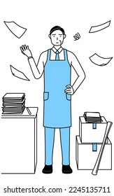 A senior man in an apron who is fed up with his unorganized business.