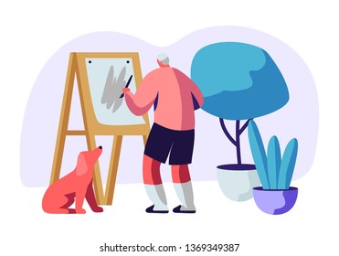 Senior Man Artist Hobby. Old Male Painter Hold Paintbrush in Hand in Front of Canvas on Easel Drawing with Oil Paints, Dog Sit beneath. Aged People Creative Occupation Cartoon Flat Vector Illustration