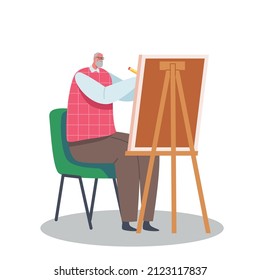 Senior Man Artist Hobby. Old Male Painter Character Hold Paintbrush in Hand in Front of Canvas on Easel Drawing with Oil Paints, Aged People Creative Occupation, Leisure. Cartoon Vector Illustration