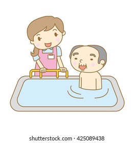 Senior man and assistance staff to the bathing in day service